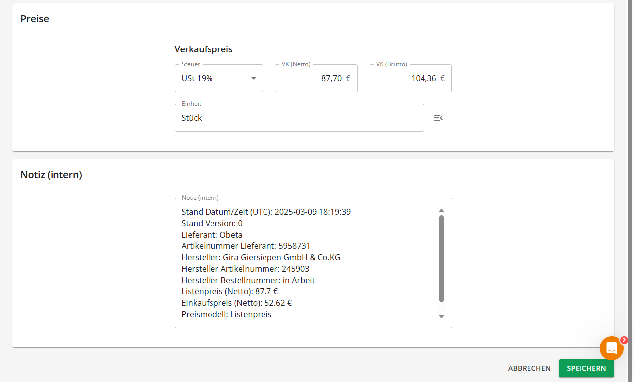 Bildschirmfoto der Lexware Artikelseite mit Preisdetails